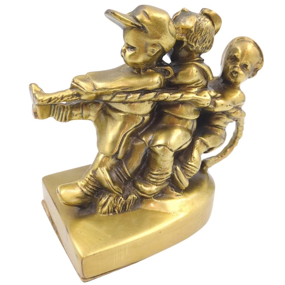 Vintage Solid Brass Bookend Tug-of-War Children Kids Figurine Decorative Heavy